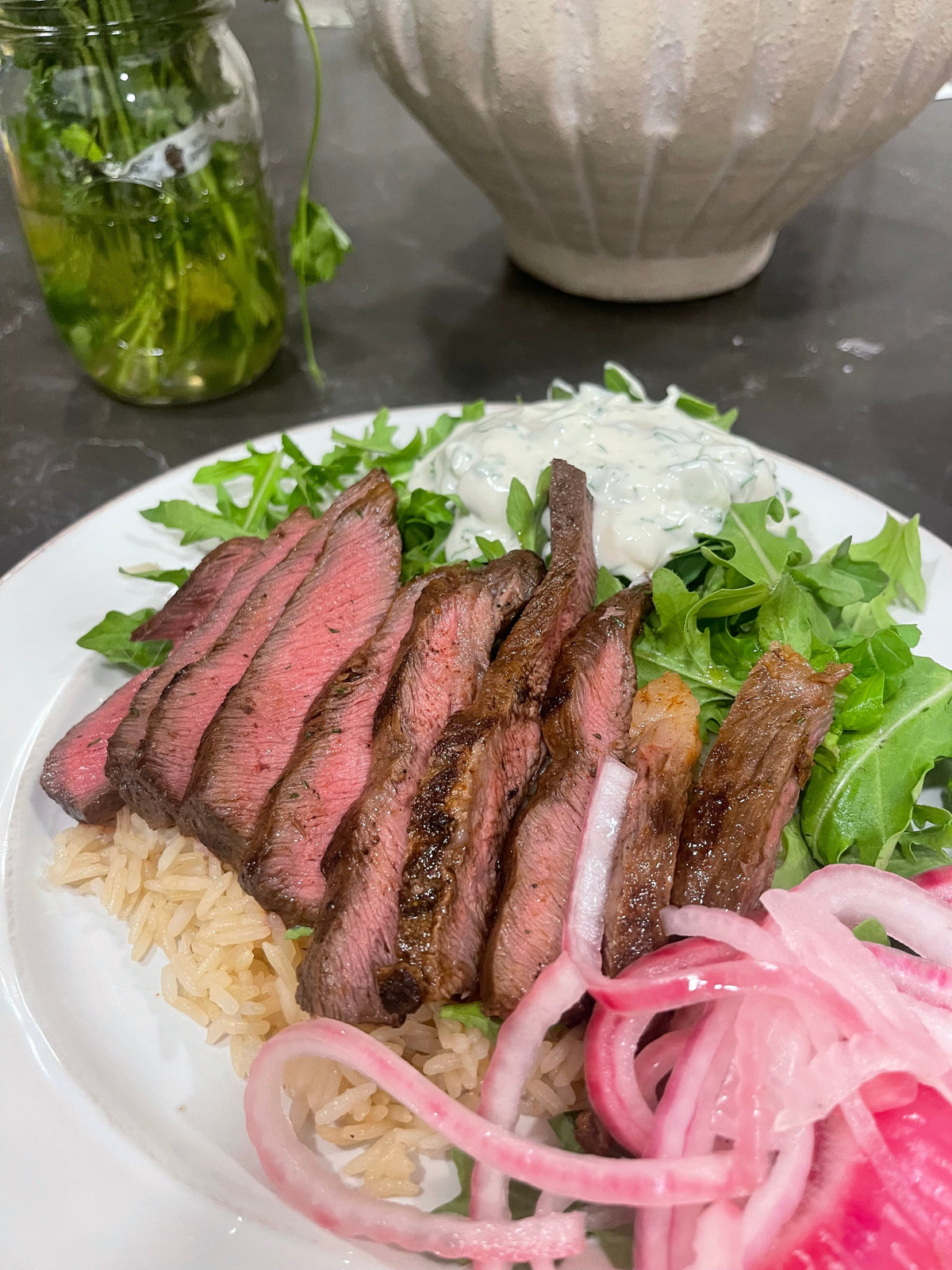 Mediterranean Steak Bowl with Homemade Tzatziki
