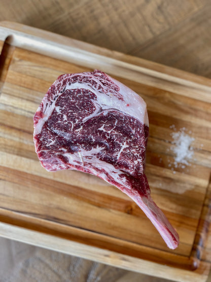 Elkins Cattle Co. grass-fed Cowboy Steak with natural marbling