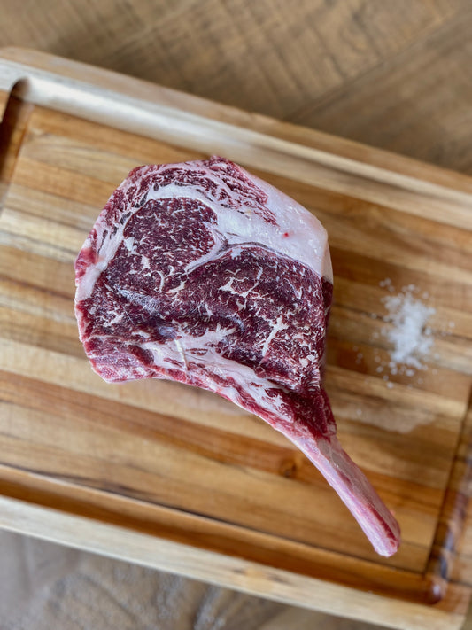 Elkins Cattle Co. grass-fed Cowboy Steak with natural marbling