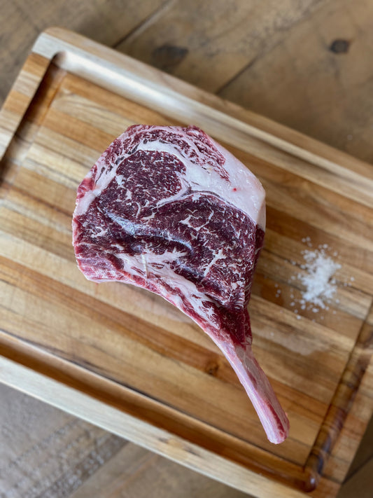 Elkins Cattle Co. grass-fed Cowboy Steak with natural marbling