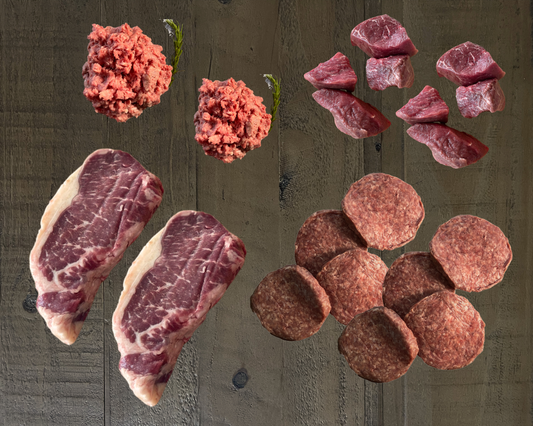 Elkins Cattle Co Summer Grill Box featuring kabobs, ground beef, burgers, and new york strips